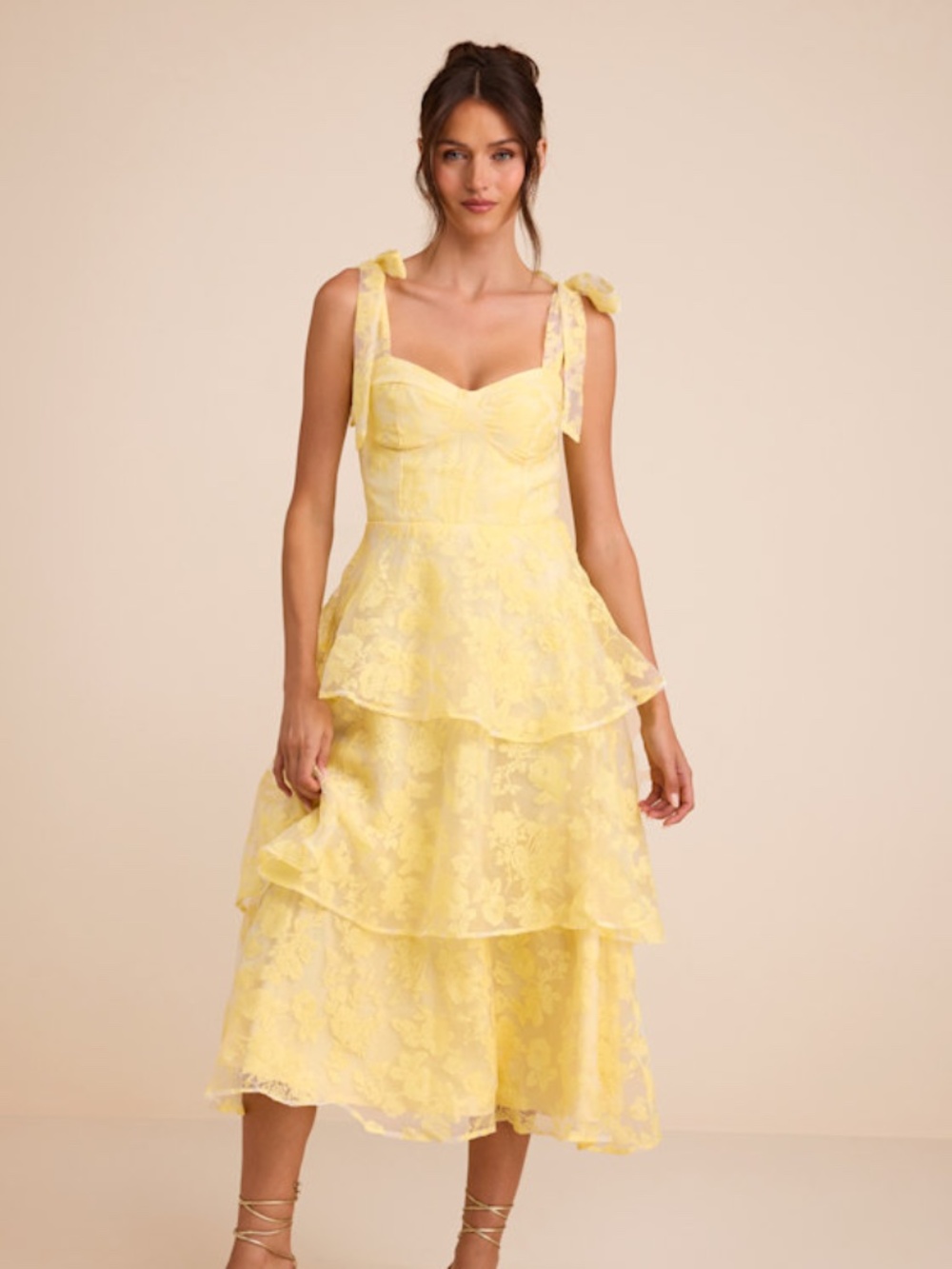 Lulus Glamorous Sweetie Yellow Burnout Tie-strap Bustier Midi Dress - Size S